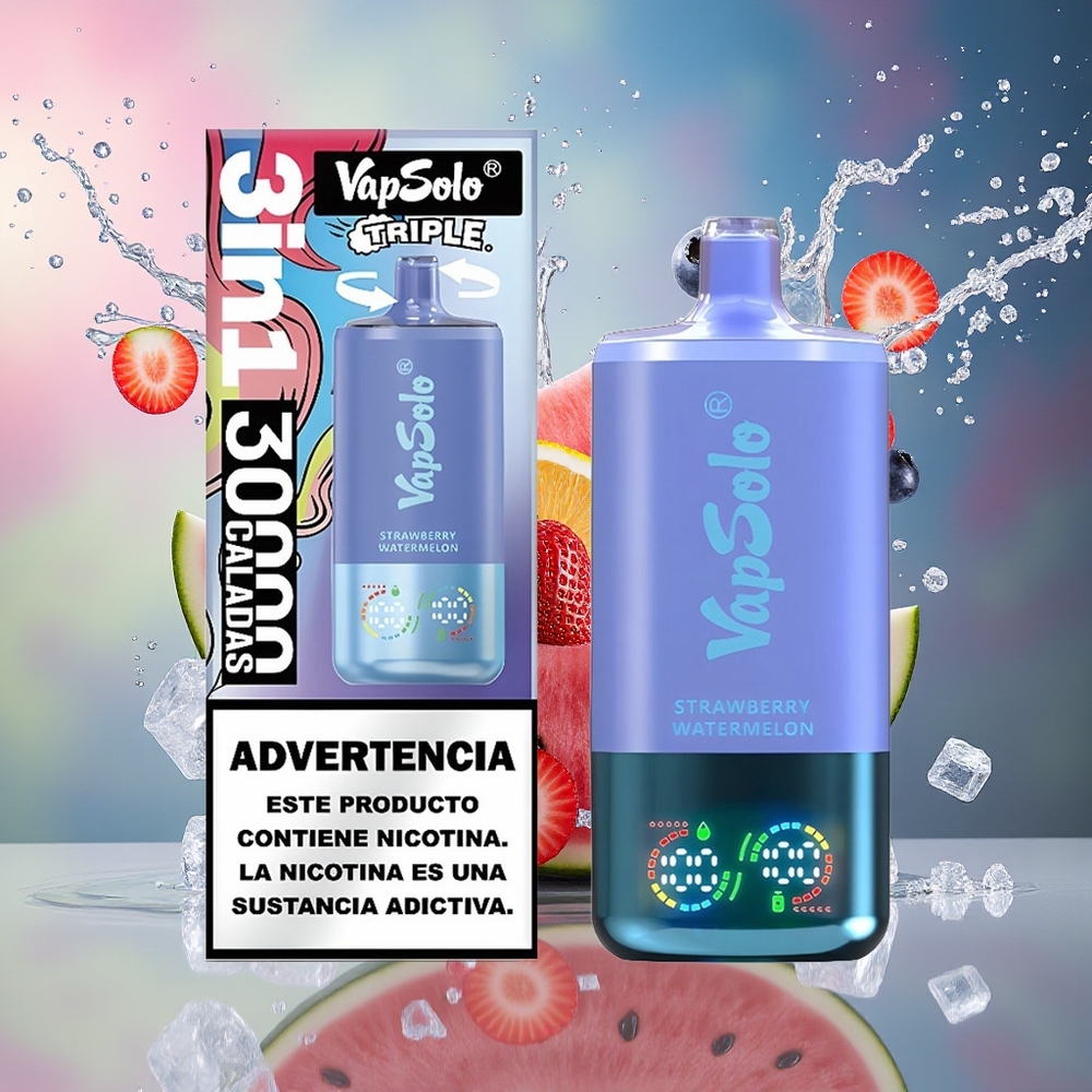 VapSolo Tripe 30000 Puffs Norge Engros 40ml Jordbær Vannmelon & Blåbær Is Type-C 3-tank
