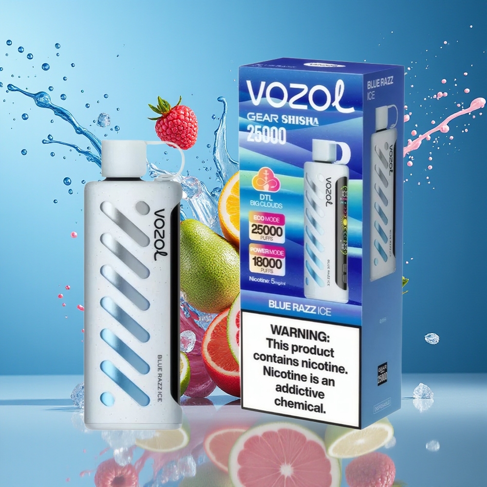 VOZOL Gear Shisha 25000 Puff Blå Bringebær Is Norge Engros med S.i.L.C Tech og Dual Mesh Modes