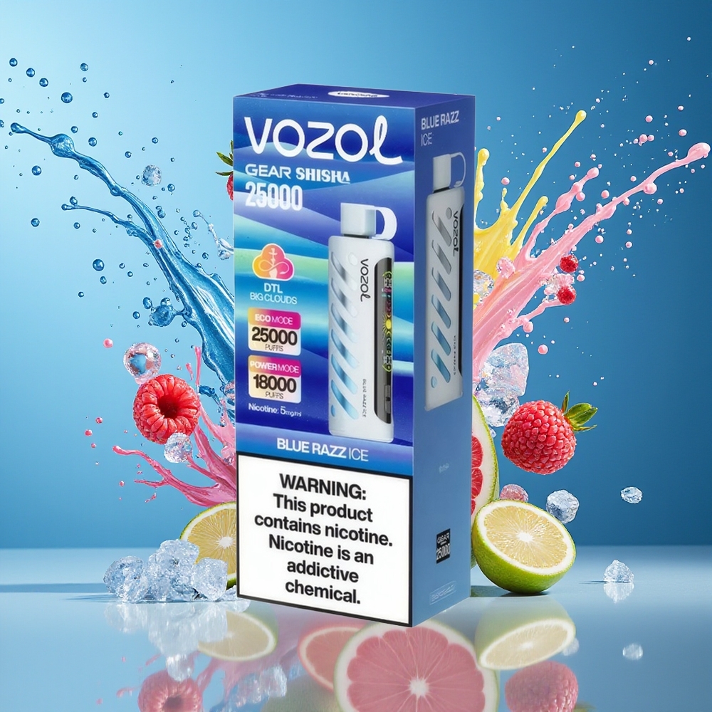 VOZOL Gear Shisha 25000 Puff Blå Bringebær Is Norge Engros med S.i.L.C Tech og Dual Mesh Modes