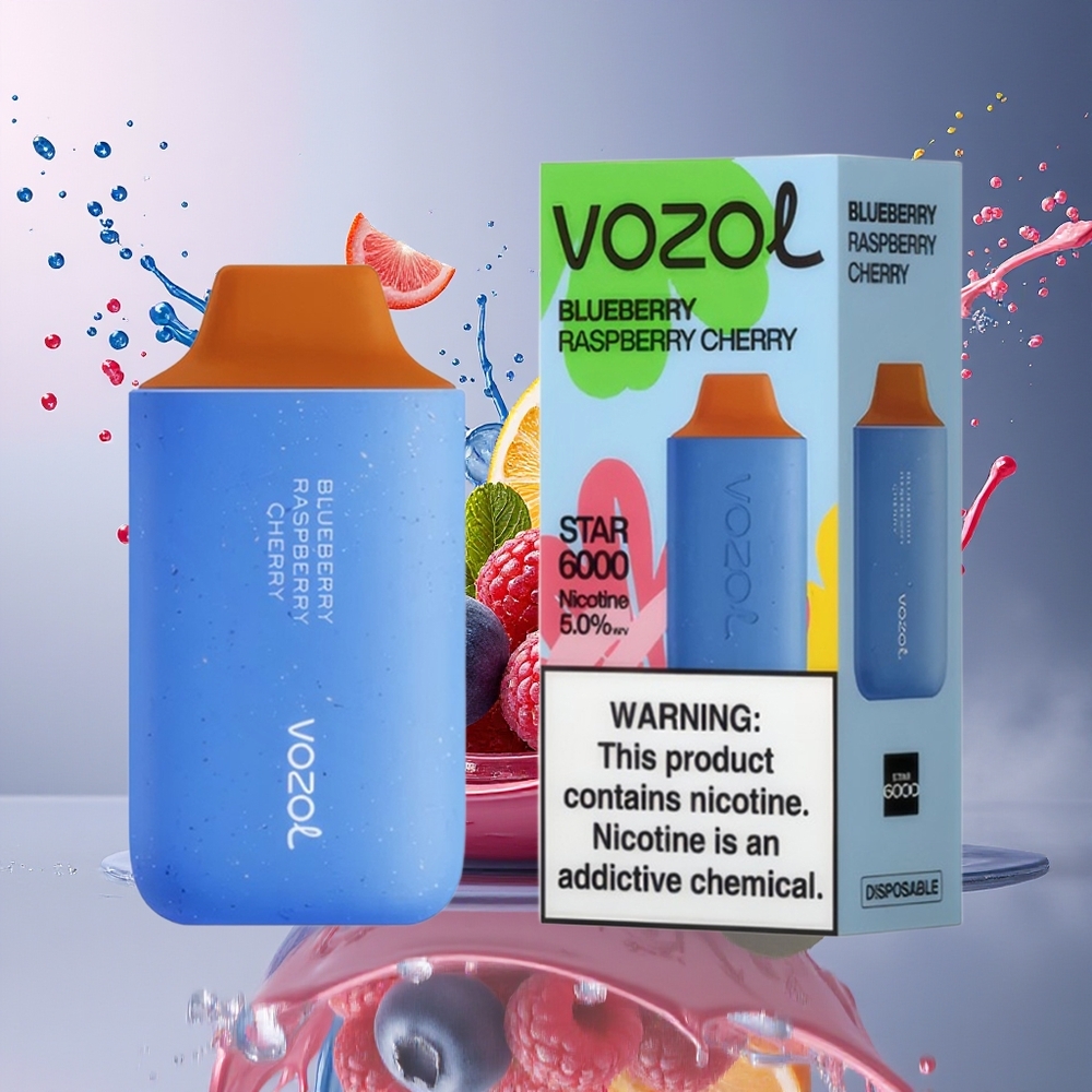 VOZOL STAR 6000 Norge Engros Blåbær Bringebær Kirsebær 65% PCR 14ML Type-C 6000 Puffs